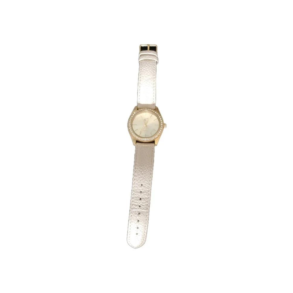 Women's Gold Tone Watch Crystal Bezel White Leather Strap Japan Movt NO:9688